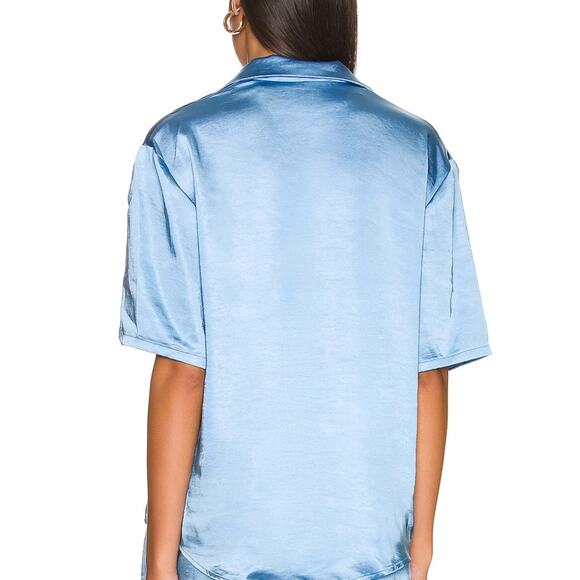 House of Harlow Dusty Blue Satin Oversize Button Down Shirt SMALL Boxy $158 NEW - Picture 3 of 7